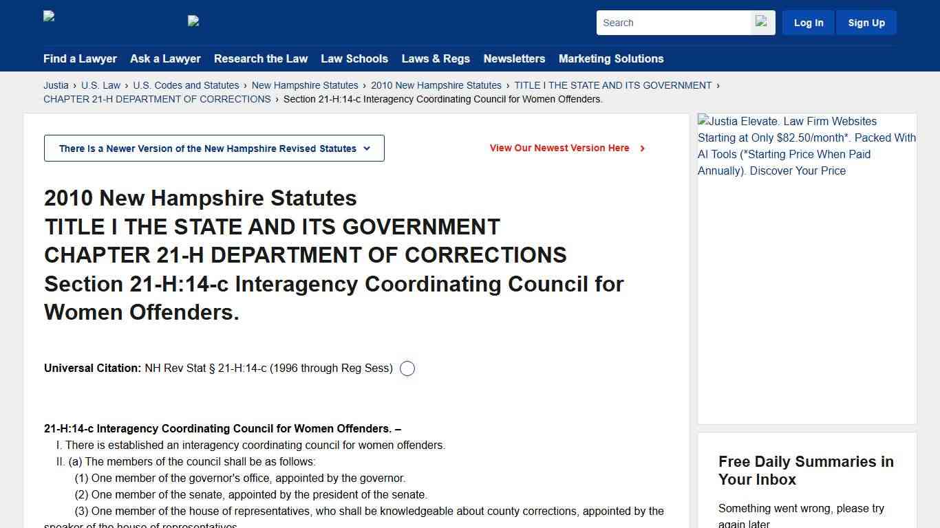 NH Rev Stat § 21-H:14-c :: Section 21-H:14-c Interagency Coordinating Council for Women Offenders. :: 2010 New Hampshire Statutes :: US Codes and Statutes :: US Law :: Justia